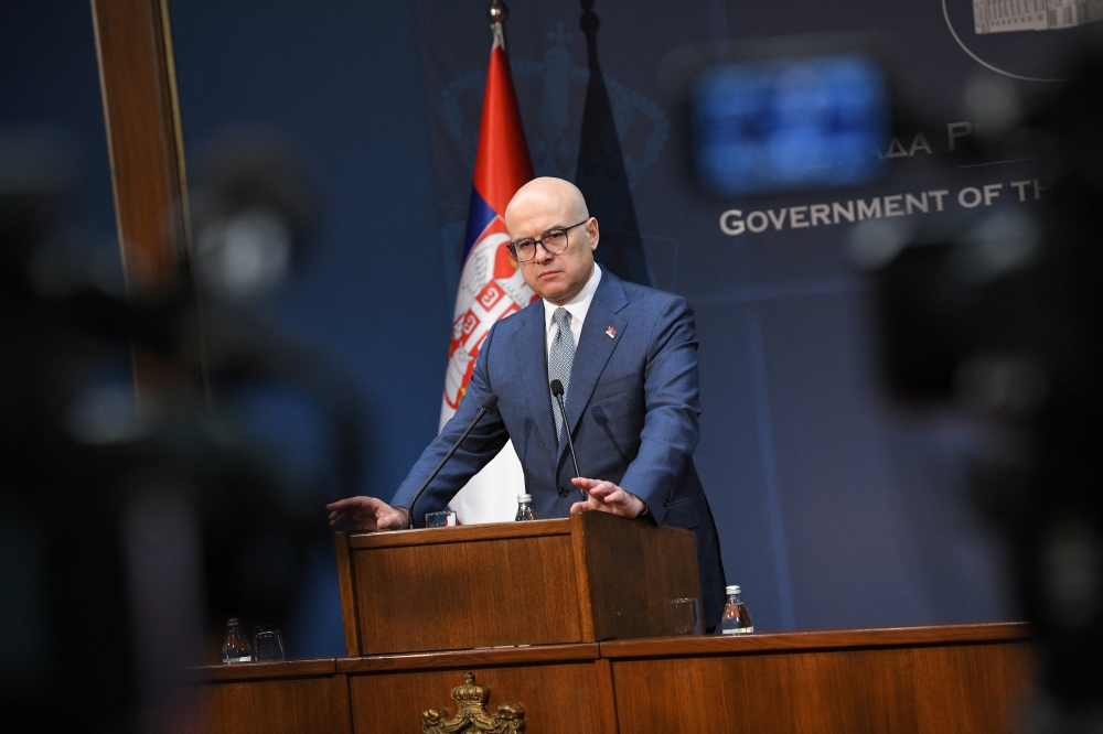 Serbian Prime Minister Milos Vucevic speaks during a press conference, in Belgrade, Serbia. — Reuters