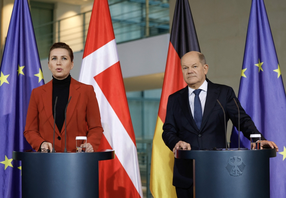 German Chancellor Olaf Scholz and Denmark's Prime Minister Mette Frederiksen give press statements prior talks at the Chancellery, in Berlin. — AFP 