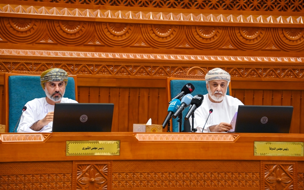 Shaikh Abdulmalik Abdullah Al Khalili and Khalid Hilal Al Maawali at the joint session in Muscat on Tuesday