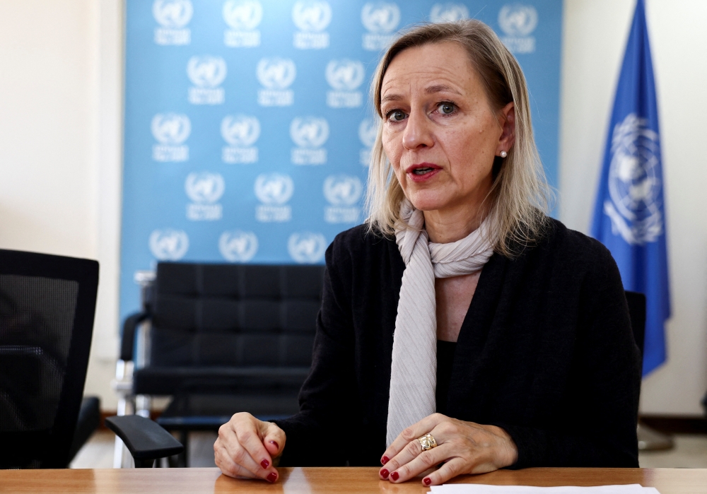 Dorothee Klaus, Head, The United Nations Agency for Palestinian Refugees (UNRWA) in Lebanon during a press conference in her offices in Beirut