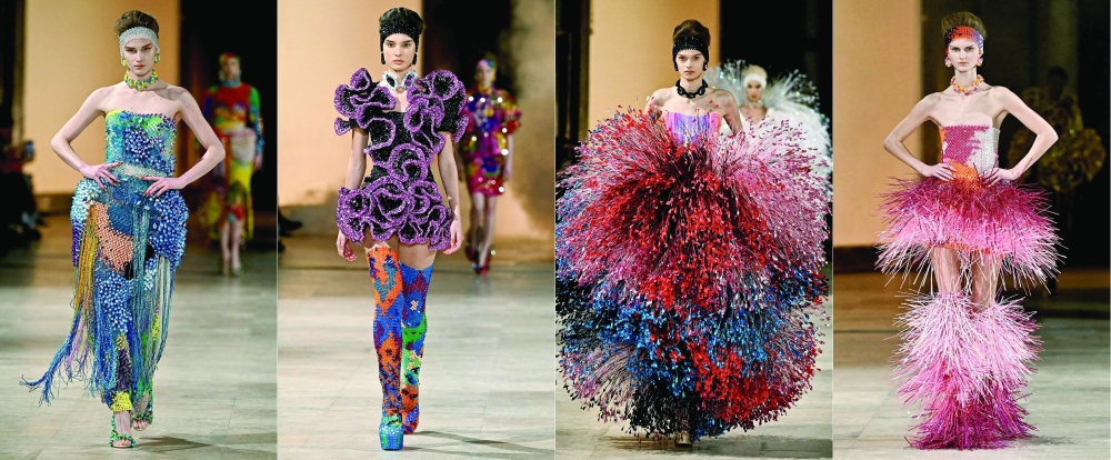 This combination of pictures created on January 30, 2025 shows
models presenting creations for Germanier during the Women's Haute-Couture Spring/Summer 2025 Fashion Week, in Paris on January 30, 2025. 