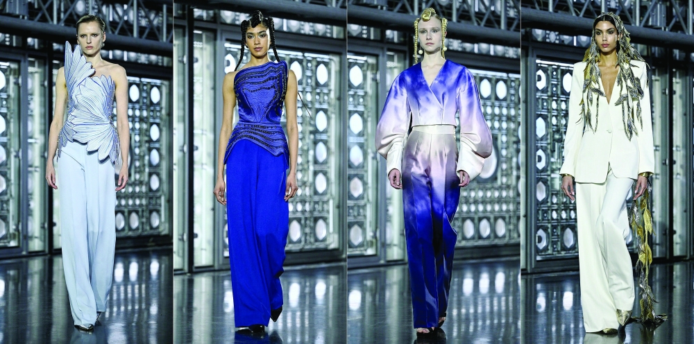 This combination of pictures created on January 30, 2025 shows
models presenting creations for Maison Sara Chraibi during the Women's Haute-Couture Spring/Summer 2025 Fashion Week, in Paris on January 30, 2025.