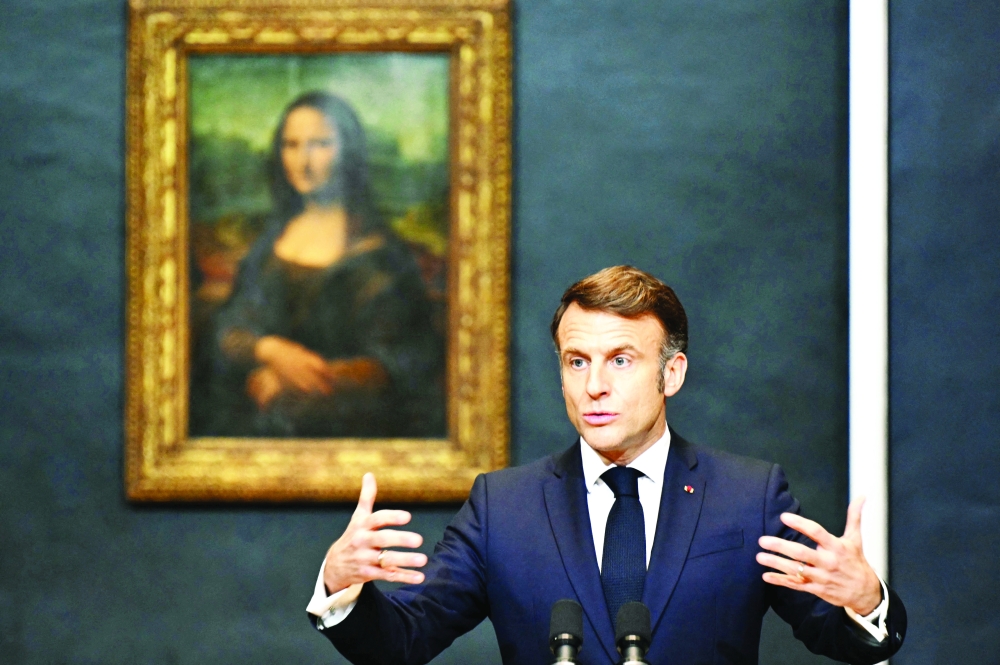 France's President Emmanuel Macron gives a speech at the Louvre Museum in Paris on January 28, 2025. 