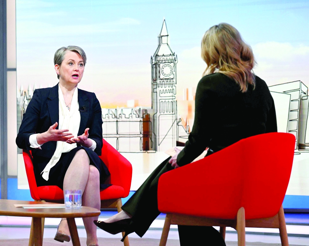British Home Secretary Yvette Cooper appears on BBC's Sunday with Laura Kuenssberg in London, Britain. — Reuters 