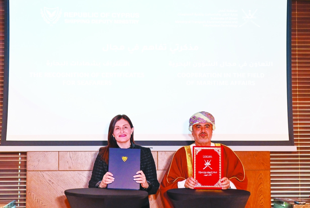 The agreements were signed by Eng Said bin Hamoud al Maawali, Oman’s Minister of Transport, Communications and Information Technology, and Marina Hatgimanolis, Cyprus' Deputy Minister of Maritime Transport.