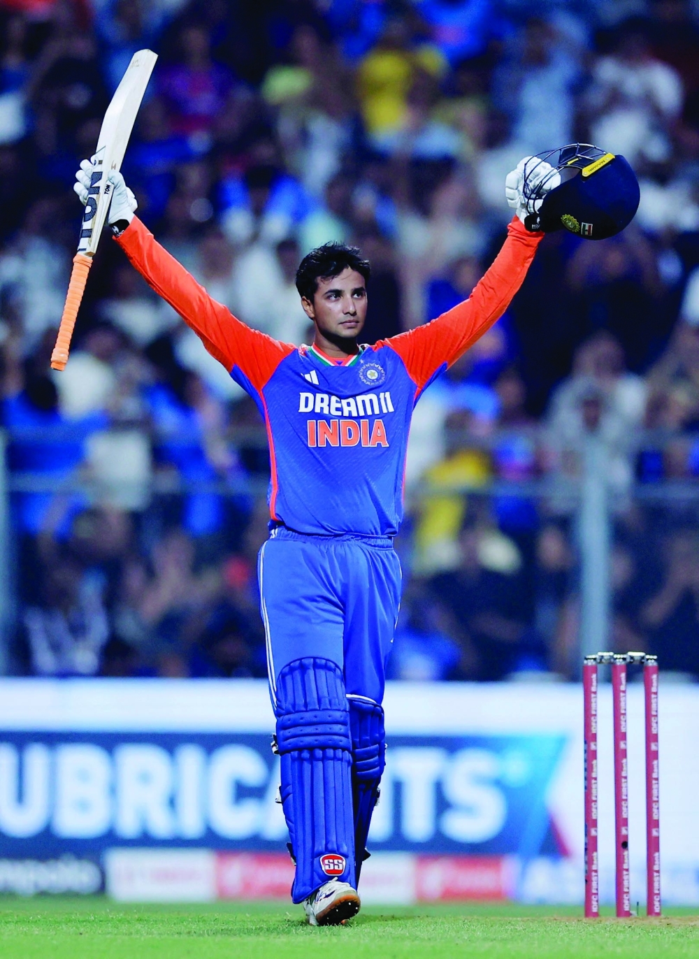 Cricket - Fifth T20 International - India v England - Wankhede Stadium, Mumbai, India - February 2, 2025 India's Abhishek Sharma celebrates after reaching his century REUTERS/Anushree Fadnavis
