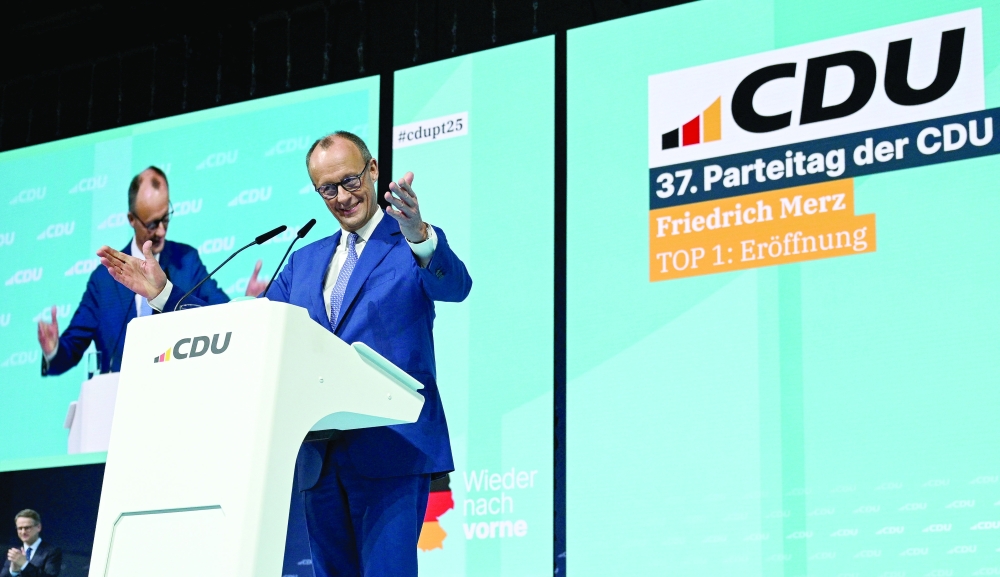 CDU party leader and top candidate for Chancellor, Friedrich Merz takes the stage during the Federal Party Convention, in Berlin. — Reuters 
