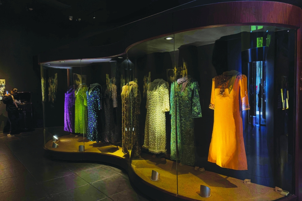 Stage dresses that belonged to the late Egyptian singer Umm Kulthum, are displayed at the biographical museum dedicated to her in Cairo on January 29, 2025. Umm Kulthum passed away in February 1975 but remains one of the most revered legends of music in the Arab world 50 years after her death, in Kuwait City. (Photo by Khaled DESOUKI / AFP)