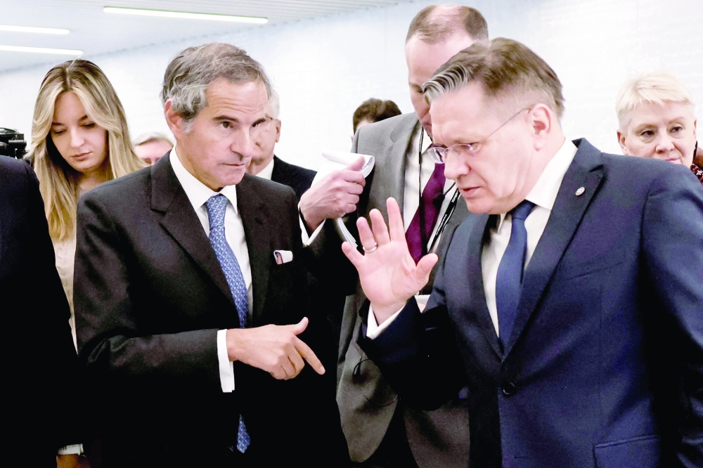Director General of Russia's State Atomic Energy Corporation Rosatom Alexei Likhachev and Rafael Grossi, Director General, IAEA, interact after a media briefing following their talks in Moscow. — AFP