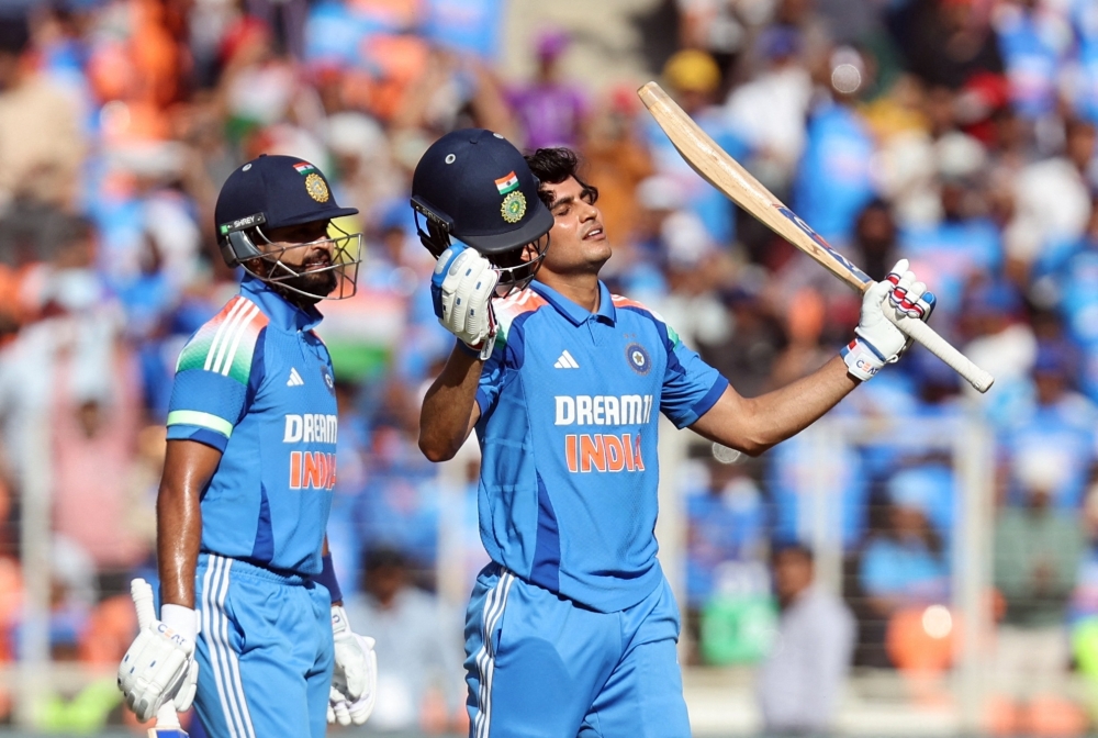 Cricket - Second One Day International - India v England - Narendra Modi Stadium, Ahmedabad, India - February 12, 2025 India's Shubman Gill celebrates after reaching his century REUTERS