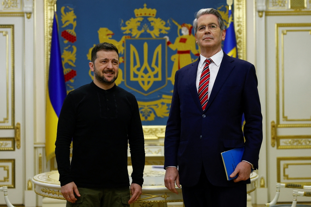 Ukraine's President Volodymyr Zelenskiy meets with U.S. Secretary of the Treasury Scott Bessent, amid Russia's attack on Ukraine, in Kyiv, Ukraine, February 12, 2025. REUTERS/Valentyn Ogirenko