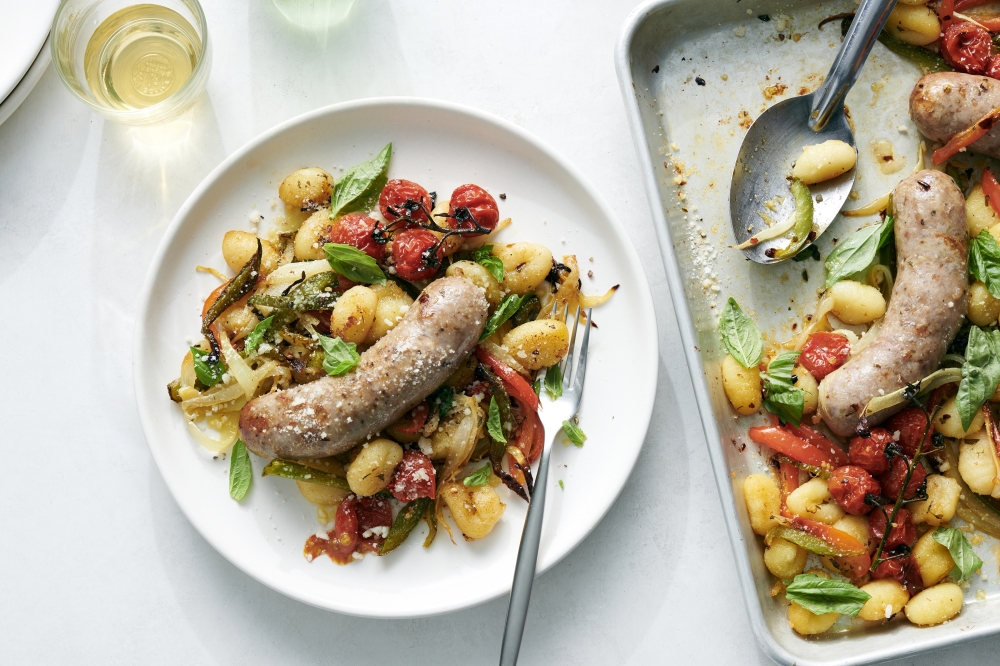 Sheet-pan gnocchi with sausages and peppers. Food styled by Simon Andrews. (David Malosh/The New York Times)