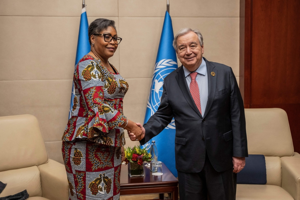 Democratic Republic of Congo (DRC) Prime Minister Judith Suminwa (L) shakes hand with Secretary General of the United Nations Antonio Guterres (R), at the AU Headquarters in Addis Ababa. — AFP 