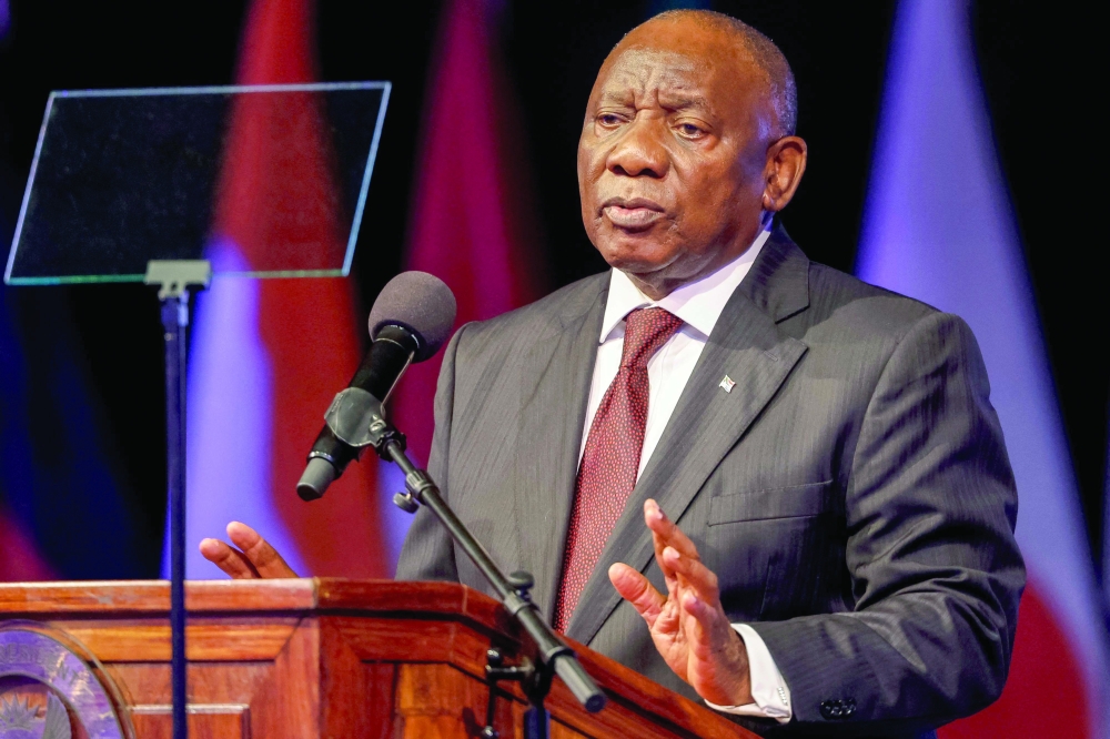 South African President Cyril Ramaphosa delivers the keynote address at the opening of the G20 Foreign Minister Meeting at the Nasrec Expo Centre in Johannesburg. - AFP