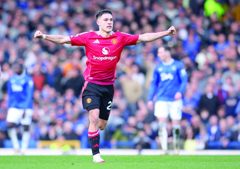 Manchester United's Manuel Ugarte celebrates scoring their second goal. — Reuters