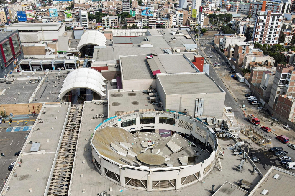 Aerial view of the roof of a shopping mall after collapsing in Trujillo, Peru