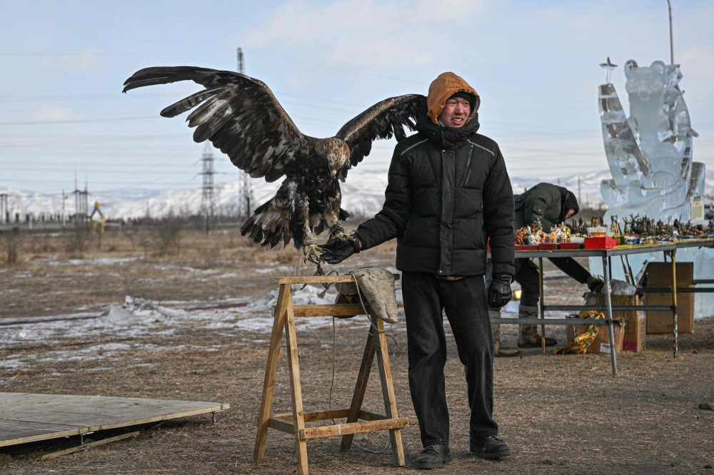 A man holds an eagle during the “Mongols Nomadic Winter Festival” at National Park in Ulaanbaatar, the capital of Mongolia on February 20, 2025. (Photo by JADE GAO / AFP)

