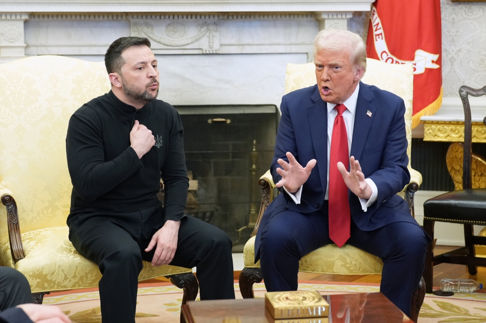 President Donald Trump, right, meets with President Volodymyr Zelensky of Ukraine in the Oval Office.