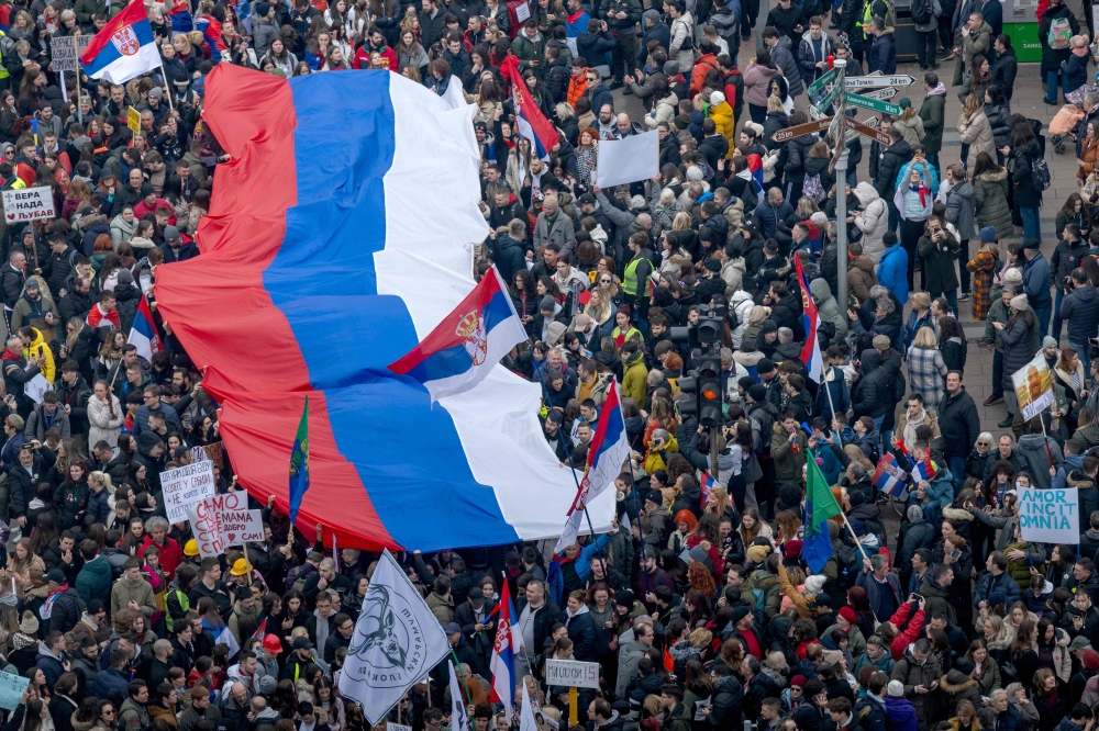 Protestors attend a demonstration in Nis