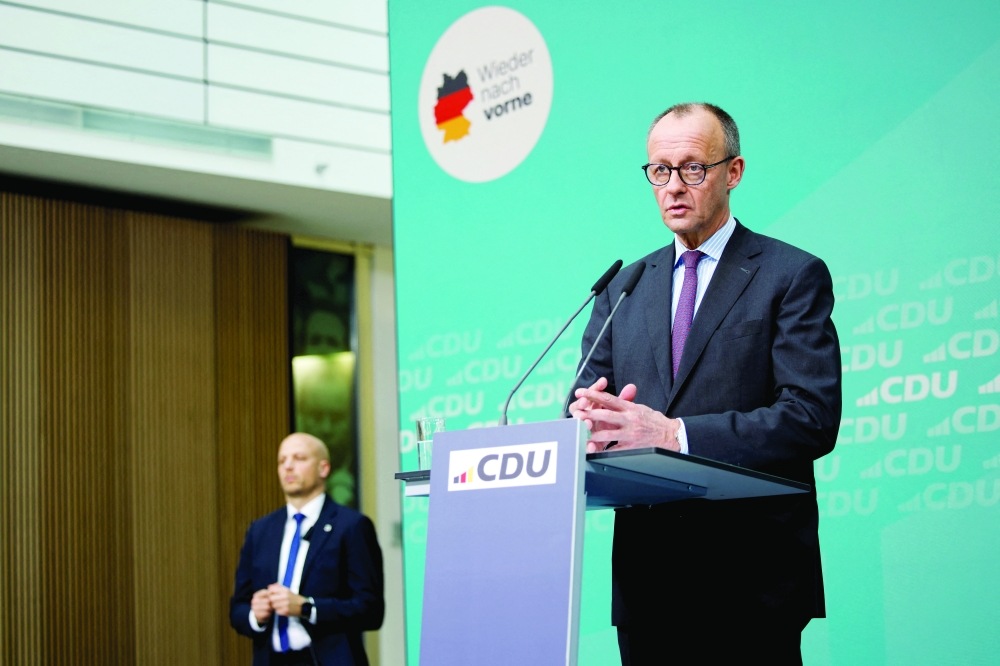 Friedrich Merz, chancellor-in-waiting and leader of Christian Democratic Union party (CDU), addresses the media, at the CDU headquarters in Berlin. — Reuters