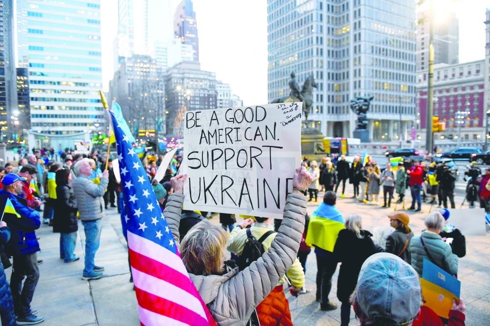 People gather during a rally in support of Ukraine near Philadelphia City Hall, in Philadelphia. s— AFP