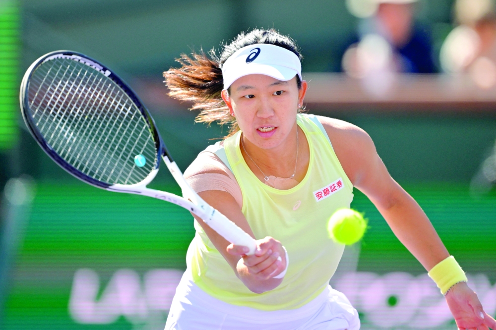 Moyuka Uchijima (JPN) hits a shot during her first round match defeating Emma Raducanu (not pictured) in the BNP Paribas Open at the Indian Well Tennis Garden. 