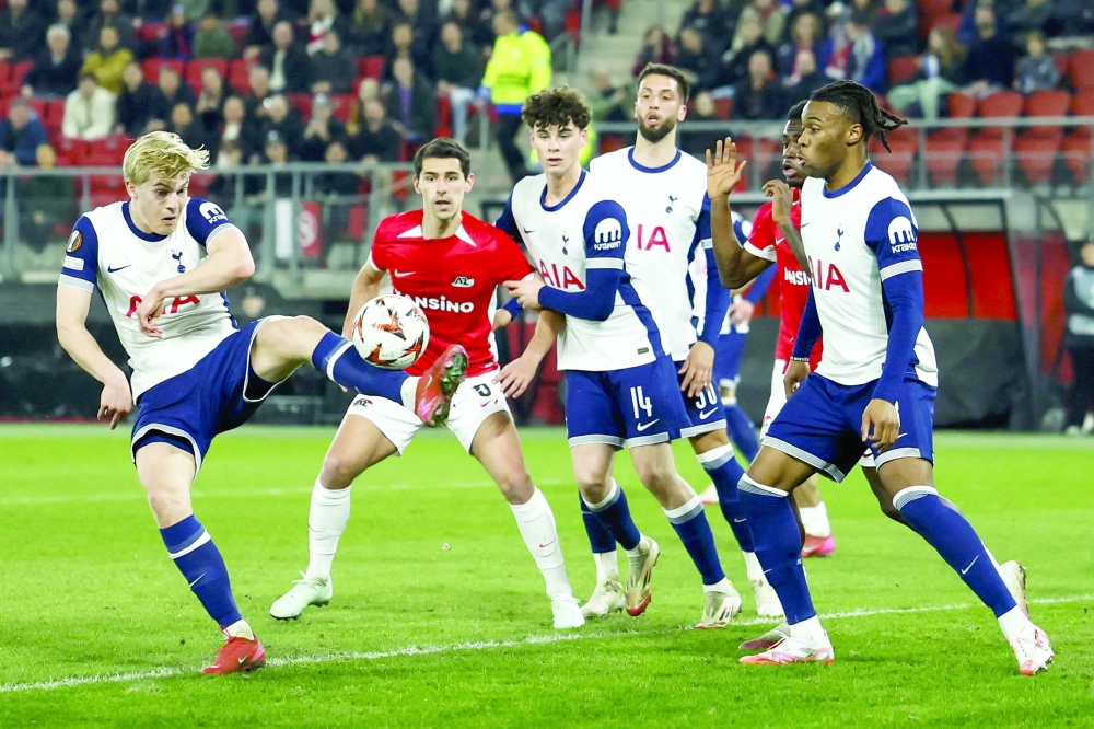 Lucas Bergvall scores an own goal during the UEFA Europa League round of 16 first-leg football match between AZ Alkmaar and Tottenham Hotspur FC at AFAS stadium in Alkmaar, on March 6, 2025.