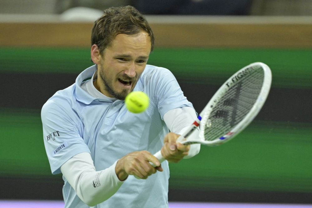 Daniil Medvedev hits a shot during the BNP Paribas Open at the Indian Well Tennis Garden.— Reuters