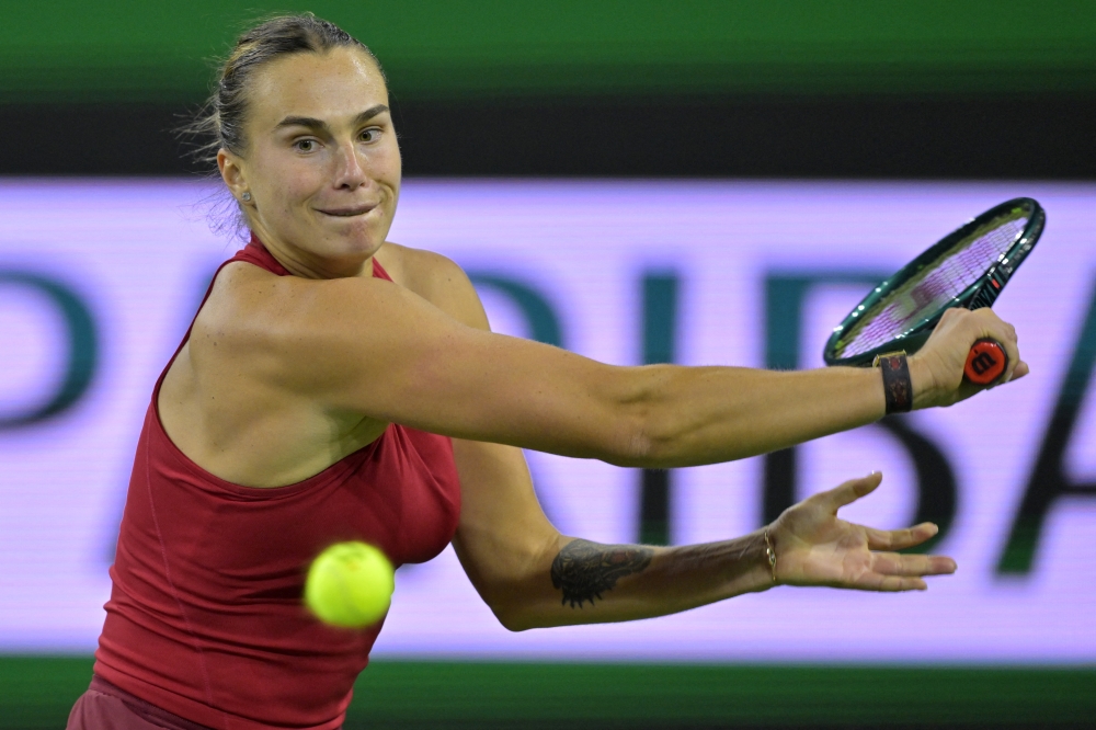 Aryna Sabalenka hits a shot during the second round of the BNP Paribas Open at the Indian Well Tennis Garden. — Reuters