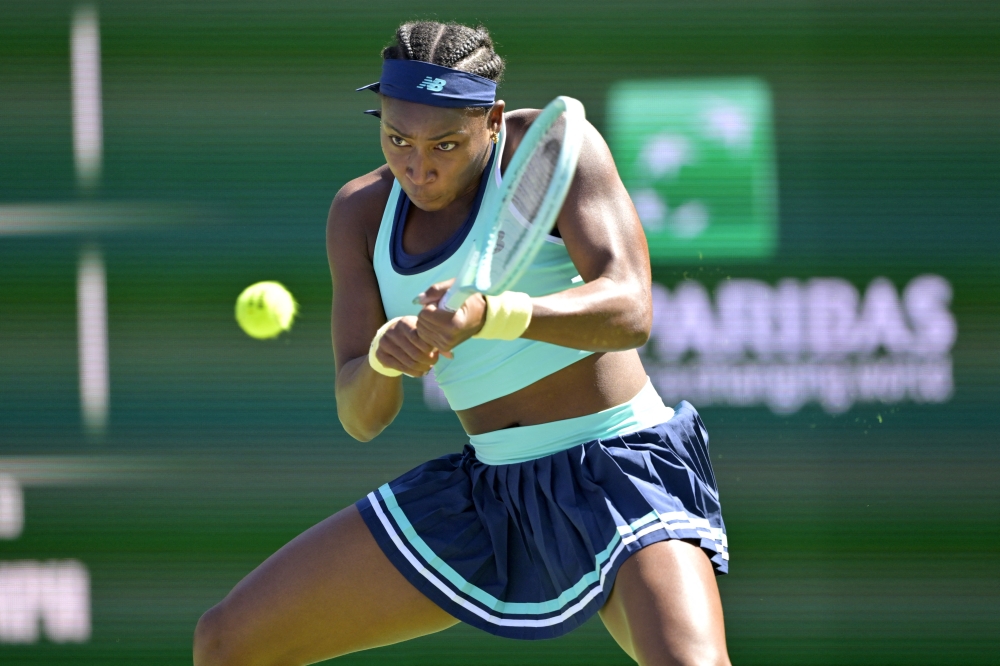 Coco Gauff hits a shot in the third round of the BNP Paribas Open at the Indian Well Tennis Garden.— Reuters