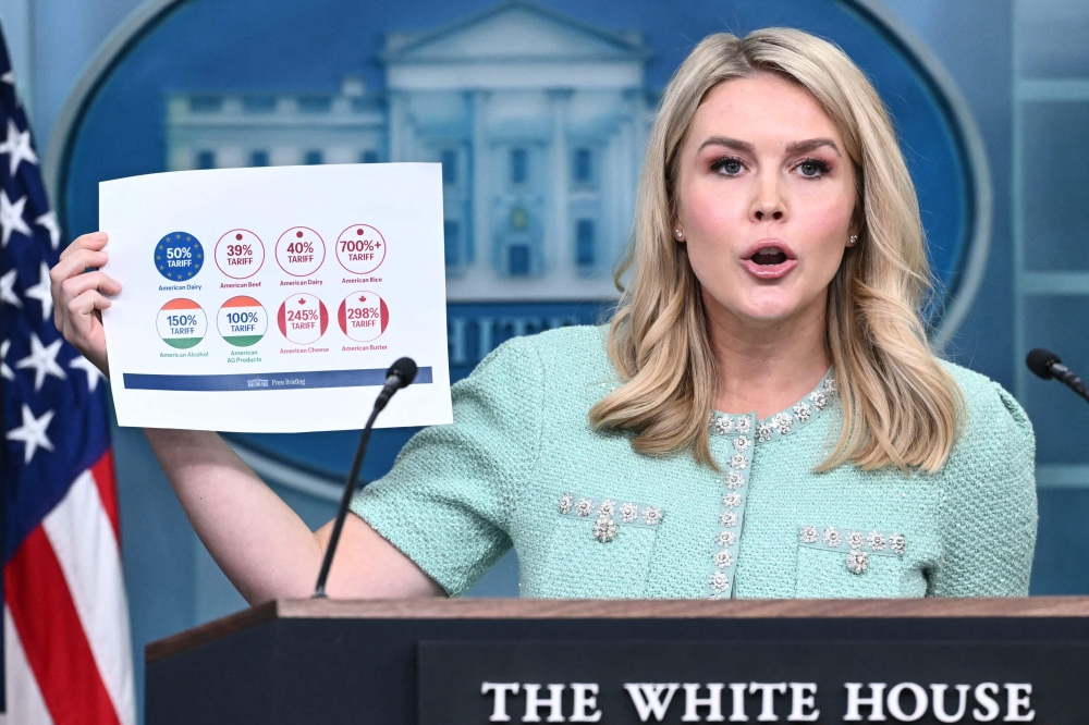 White House Press Secretary holds up a paper with information about tariff rates 