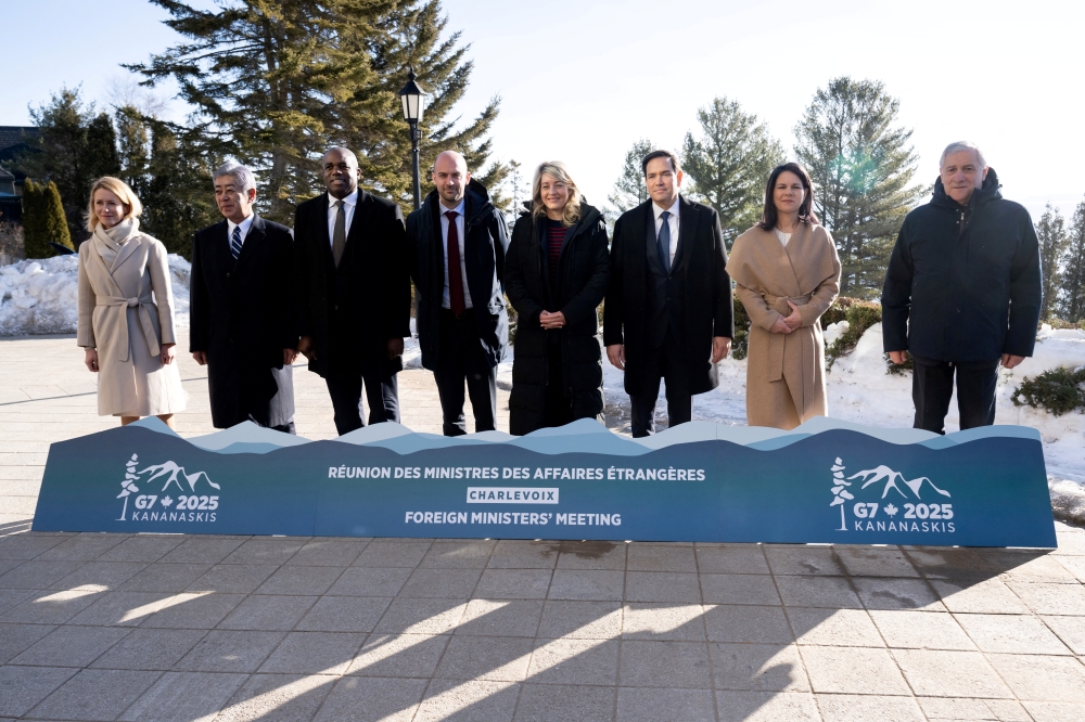 EU foreign policy chief Kaja Kallas, Japanese Foreign Minister Takeshi Iwaya, British Foreign Minister David Lammy, French Foreign Minister Jean-Noel Barrot, Canadian Foreign Minister Melanie Joly, US Secretary of State Marco Rubio, German Foreign Minister Annalena Baerbock and Italian Foreign Minister Antonio Tajani pose for the family photo during the G7 foreign ministers meeting in La Malbaie, Charlevoix, Quebec, Canada. - Reuters
