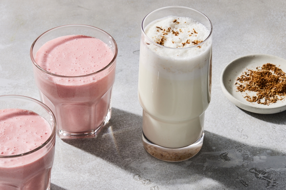 Salted lassi (left) and strawberry lassi