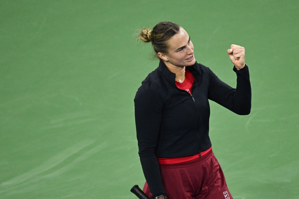 Belarus's Aryna Sabalenka reacts after defeating USA's Madison Keys during their women痴 singles semi-final tennis match at the BNP AFP)