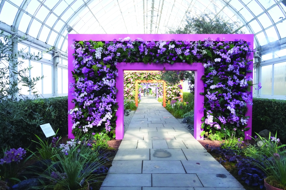 Orchids burst from a row of colorful arches with sharp edges, part of The Orchid Show: Mexican Modernism, at the New York Botanical Garden, March 1, 2025. (Michelle V. Agins/The New York Times)