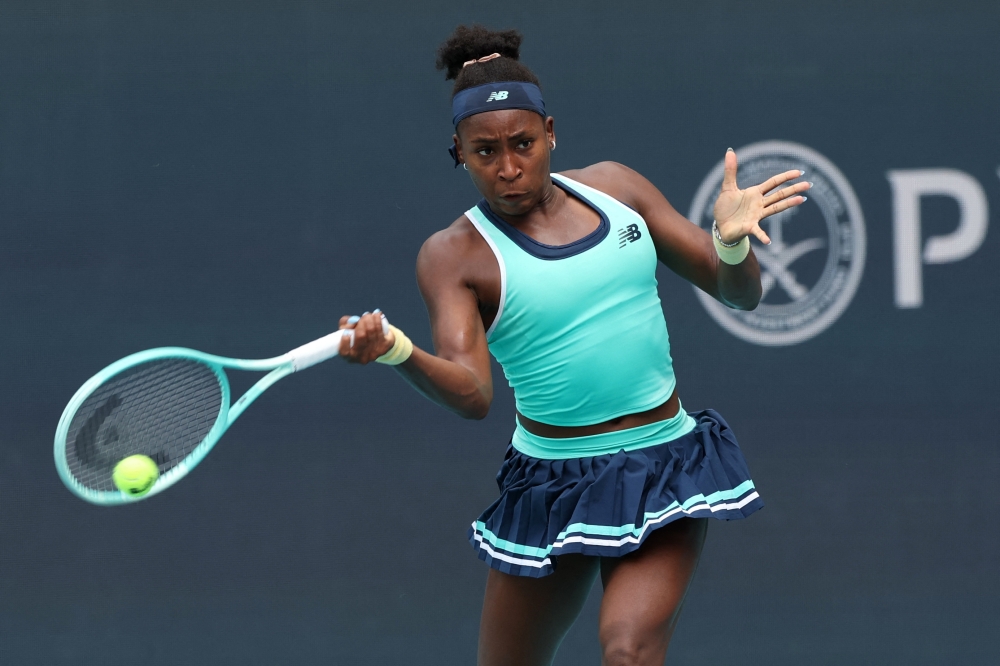 Coco Gauff hits a forehand against Maria Sakkari on day five of the Miami Open at Hard Rock Stadium. — Reuters