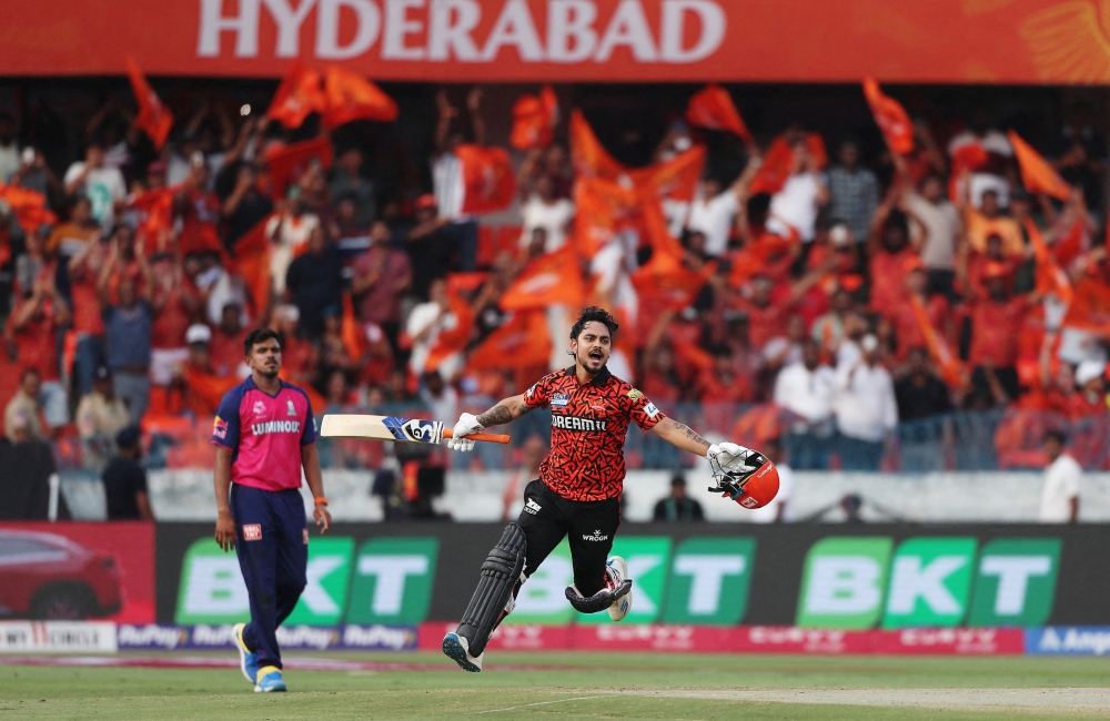 Sunrisers Hyderabad's Ishan Kishan celebrates after reaching his century. - Reuters
