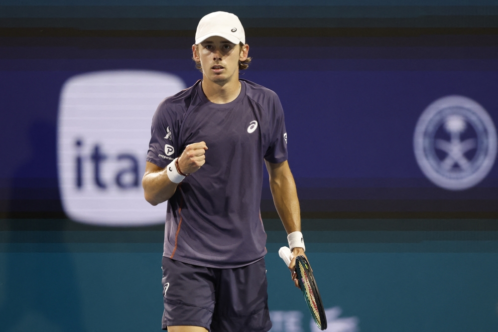 Mar 24, 2025; Miami, FL, USA; Alex de Minaur (AUS) reacts after winning a point against against Joao Fonseca (BRA)(not pictured) on day seven of the Miami Open at Hard Rock Stadium. Mandatory Credit: Geoff Burke-Imagn Images

