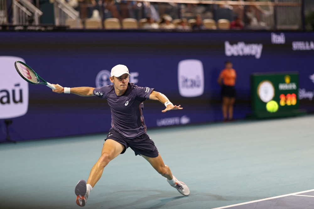 Mar 24, 2025; Miami, FL, USA; Alex de Minaur (AUS) reaches for a forehand against Joao Fonseca (BRA)(not pictured) on day seven of the Miami Open at Hard Rock Stadium. Mandatory Credit: Geoff Burke-Imagn Images
