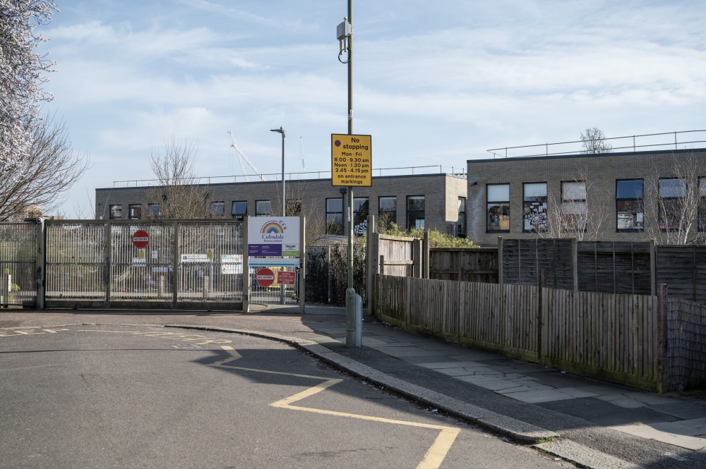 Colindale Primary School, which announced plans to become the first British borough to ban smartphones in all its public schools, in north London on March 7, 2025. (Mary Turner/The New York Times)
