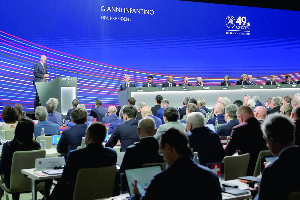 President of FIFA Gianni Infantino addresses media during the 49th UEFA ordinary Congress held at the “Sava Centar” congress centre in Belgrade on April 3, 2025. (Photo by PREDRAG MILOSAVLJEVIC / AFP)
