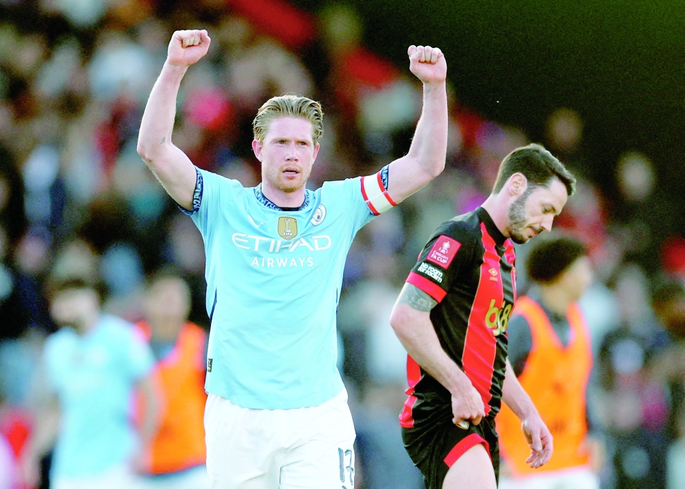 Manchester City's Kevin De Bruyne celebrates after the FA Cup quarterfinal against AFC Bournemouth at Vitality Stadium, Bournemouth, Britain on March 30. — Reuters
