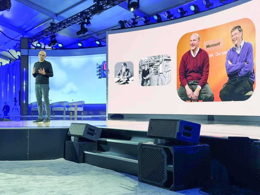 Microsoft CEO Satya Nadella speaks at the company's 50th anniversary celebration in Redmond on Friday. — Reuters