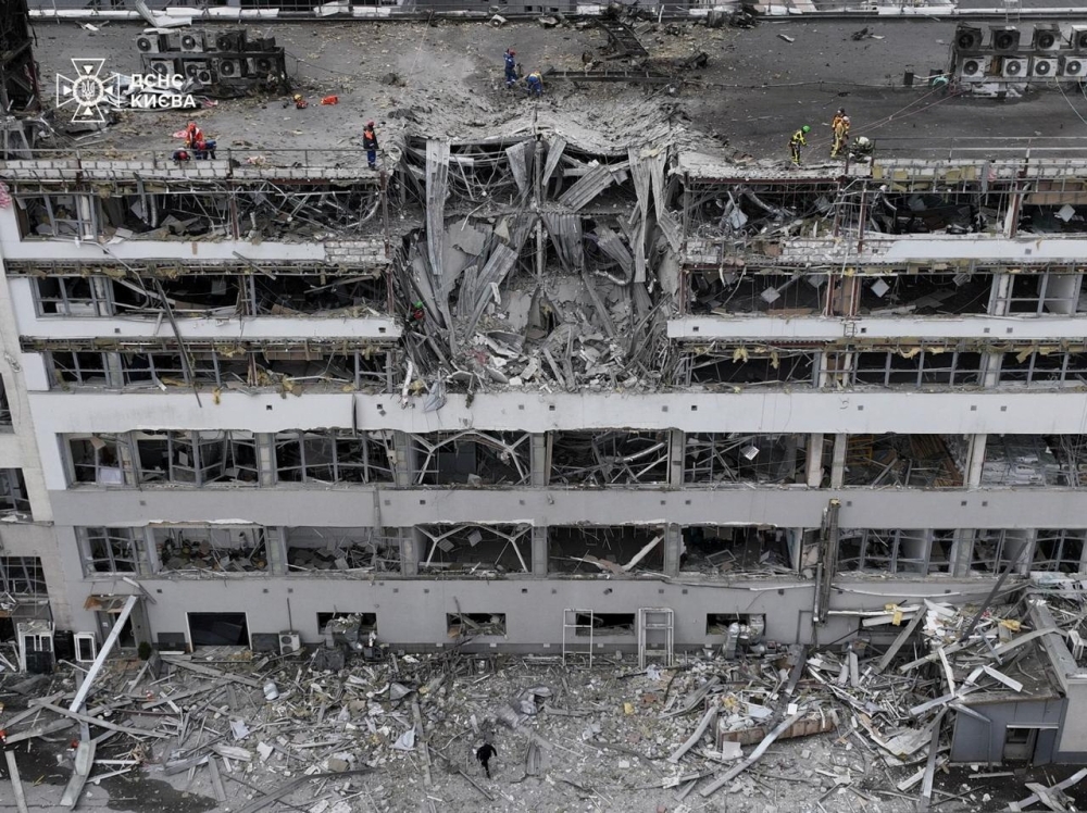 A drone view shows the site of a Russian missile strike, amid Russia's attack on Ukraine, in Kyiv. — Reuters
