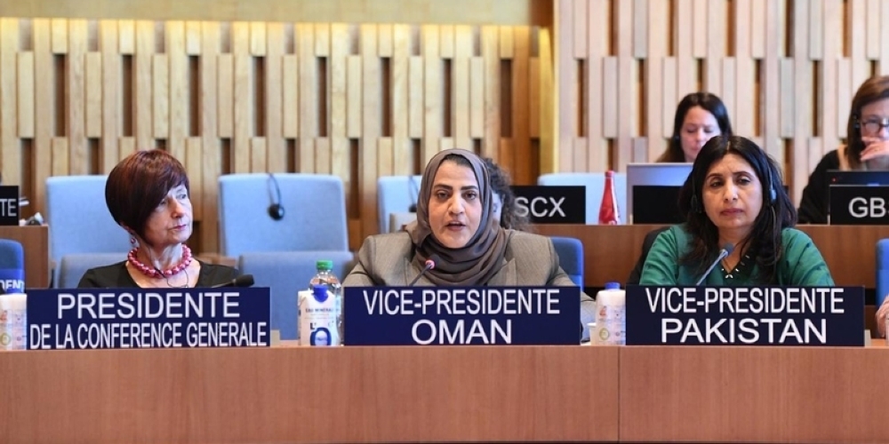 Amina bint Salim al Balushiyah, Oman's Permanent Delegate to Unesco, speaks at Unesco's Executive Board session in Paris