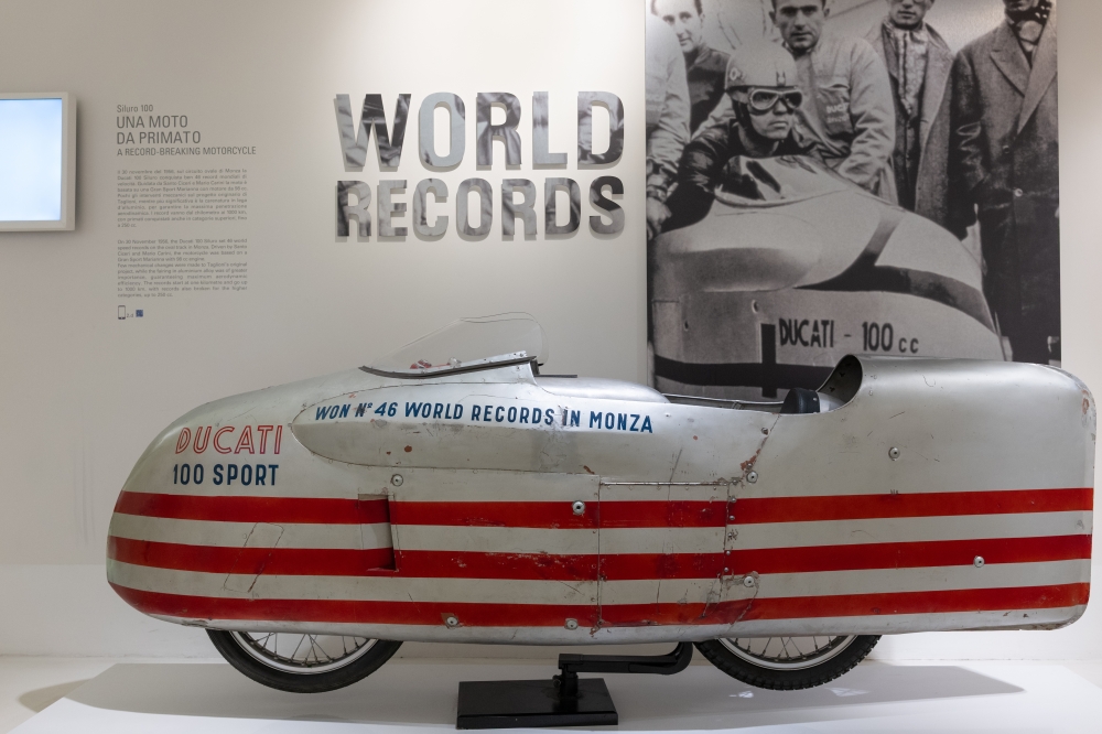 A Ducati Siluro that set 46 world speed records in a single day in 1956, on display at the Ducati Museum in Bologna, Italy, in February 2025. (Federico Borella/The New York Times)