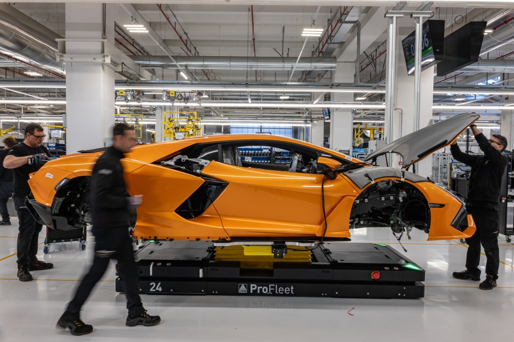 A Lamborghini Revuelto on the production line at the Lamborghini factory in Sant'Agata Bolognese, Italy, in February 2025. (Federico Borella/The New York Times)