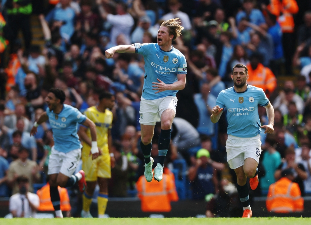 Manchester City's Kevin De Bruyne celebrates scoring their first goal. — Reuters