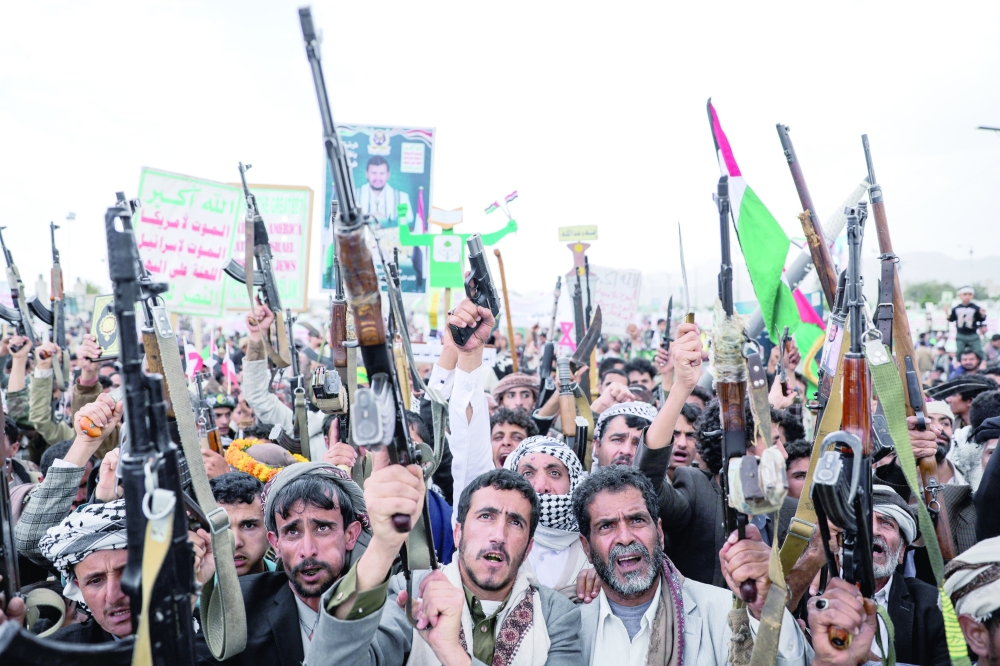 Protesters, predominantly Ansar Allah supporters, demonstrate to show solidarity with the Palestinians in the Gaza Strip and to condemn US strikes in Yemen, in Sanaa. — Reuters