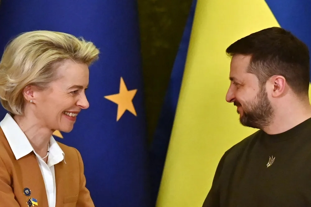 Ukrainian President Volodymyr Zelensky and President of the European Commission Ursula von der Leyen speak after a joint press conference after talks in Kyiv on February 2, 2023. SERGEI SUPINSKY/AFP via Getty Images
